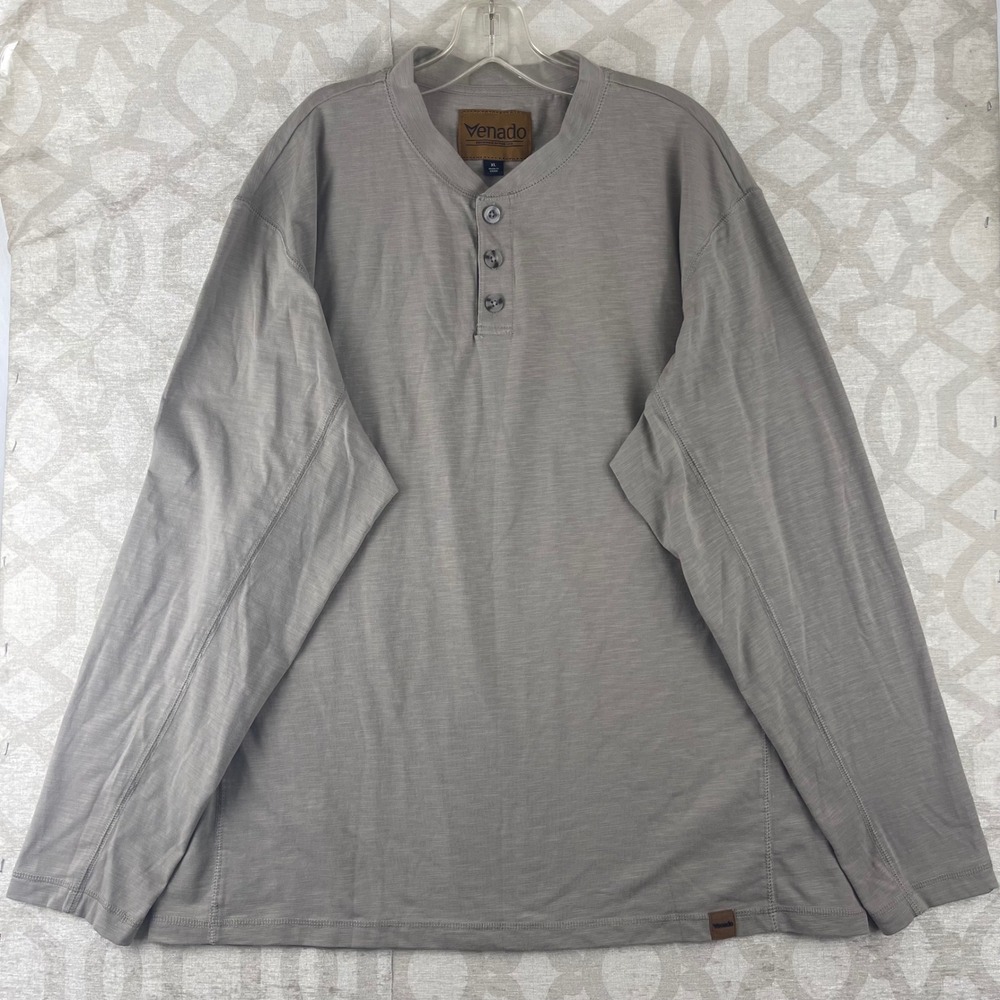 Venado Mens‎ XL Long Sleeve Henley Shirt Grey Cotton Blend Slub Knit Stretch Top